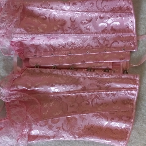 Over-Bust Corset Boning Waist Trainer Pink Satin Bustier XL Ribbon Tie Back - Picture 8 of 8